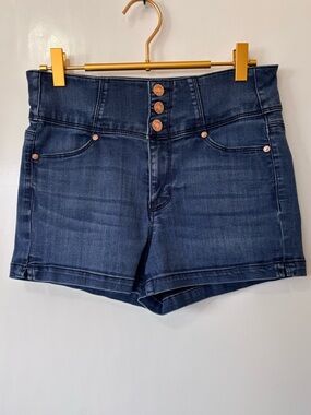 Guess| High-Rise Dark Blue Denim Shorts w/Rose Gold Buttons Sz 28